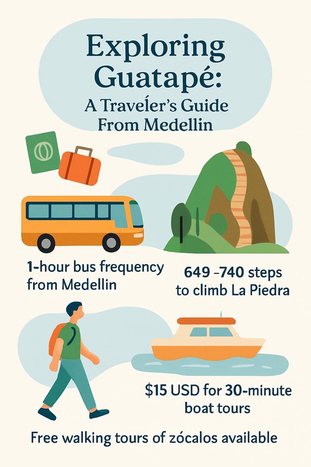 Travel guide to Guatapé from Medellín: Bus, La Piedra climb, boat tour, zócalos tour info.