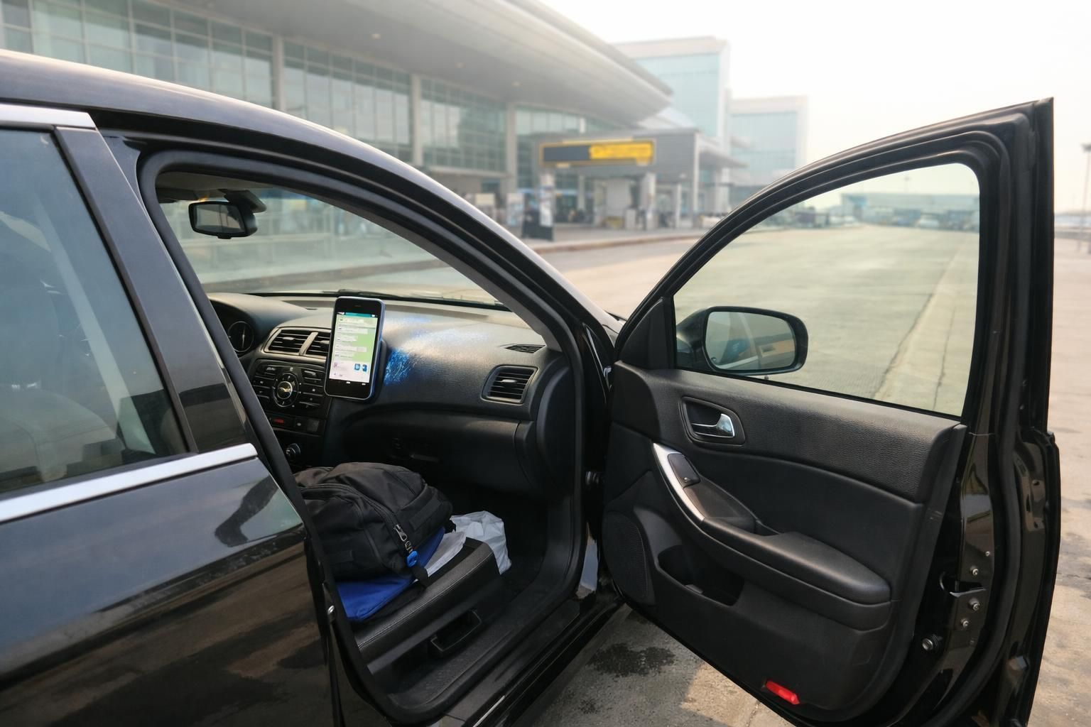 Interior view of a dark car with an open passenger door parked in front of a modern airport terminal.