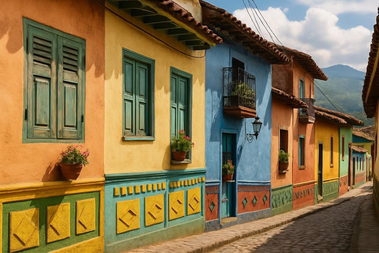 Colorful buildings line a cobblestone street. Houses are painted in hues of orange, yellow, and blue.