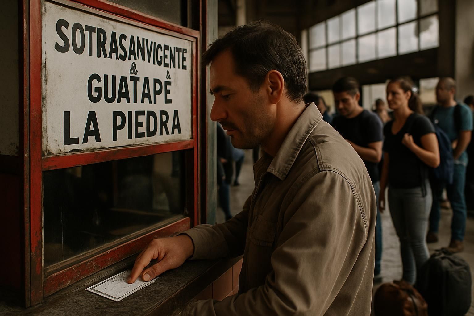 Man at a ticket window buys a ticket for Sotrasanvicente, Guatape, and La Piedra. Others wait in line.