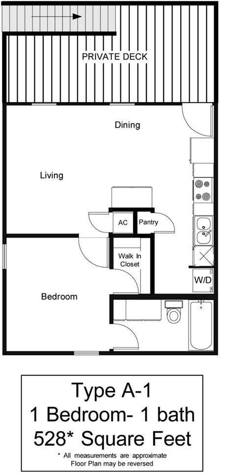 Floor Plan: A1 - one bedroom, one bathroom, 528 square feet