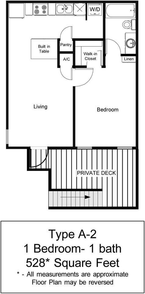 Floor Plan: A2 - one bedroom, one bathroom, 528 square feet