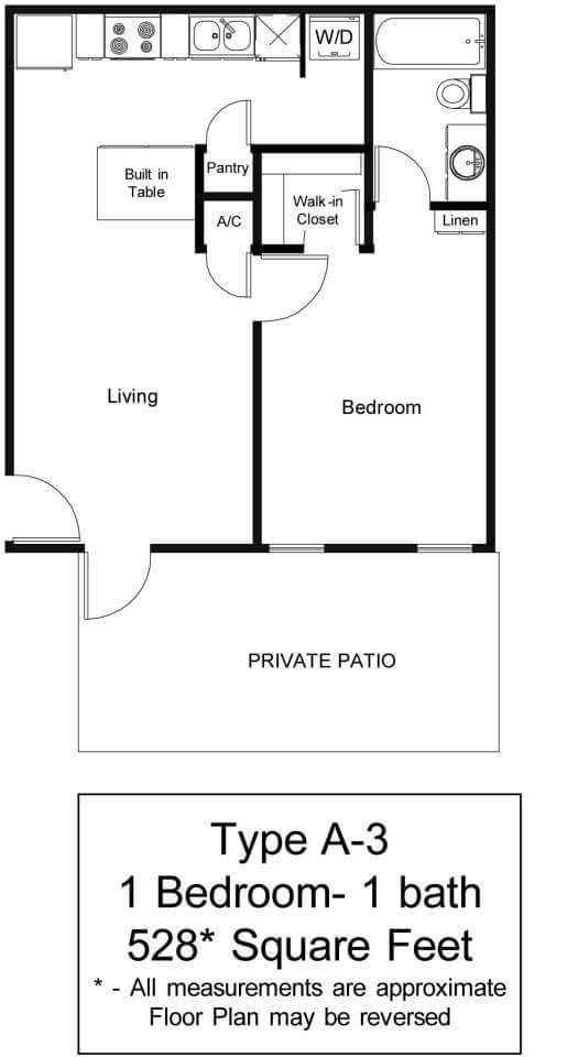 Floor Plan: A3 - one bedroom, one bathroom, 528 square feet