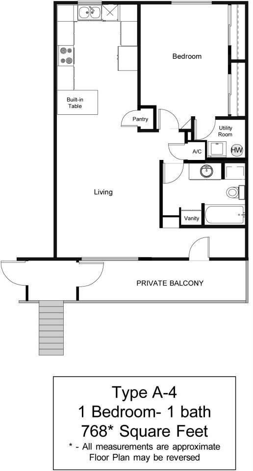Floor Plan: A4 - one bedroom, one bathroom, 768 square feet