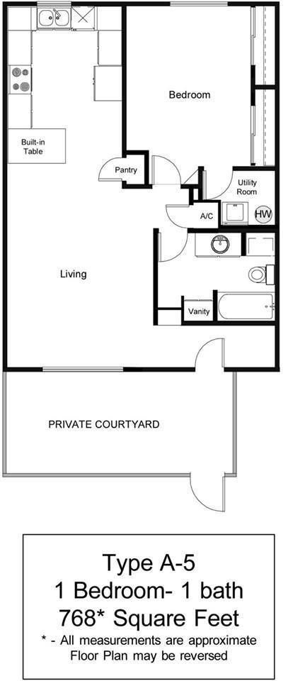Floor Plan: A5 - one bedroom, one bathroom, 768 square feet