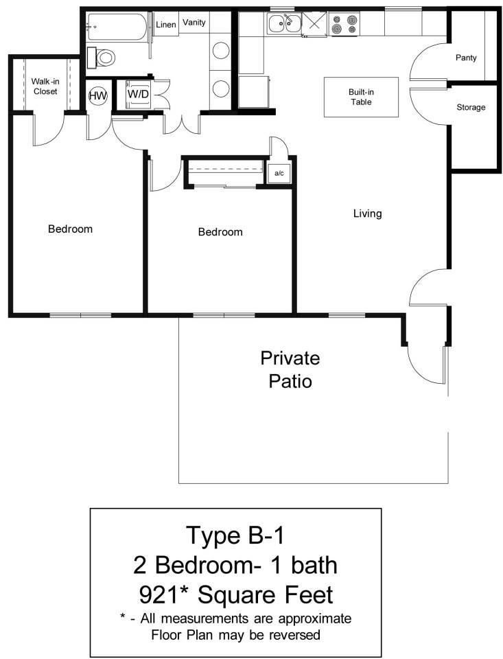 Floor Plan: B1 - two bedrooms, one bathroom, 921 square feet
