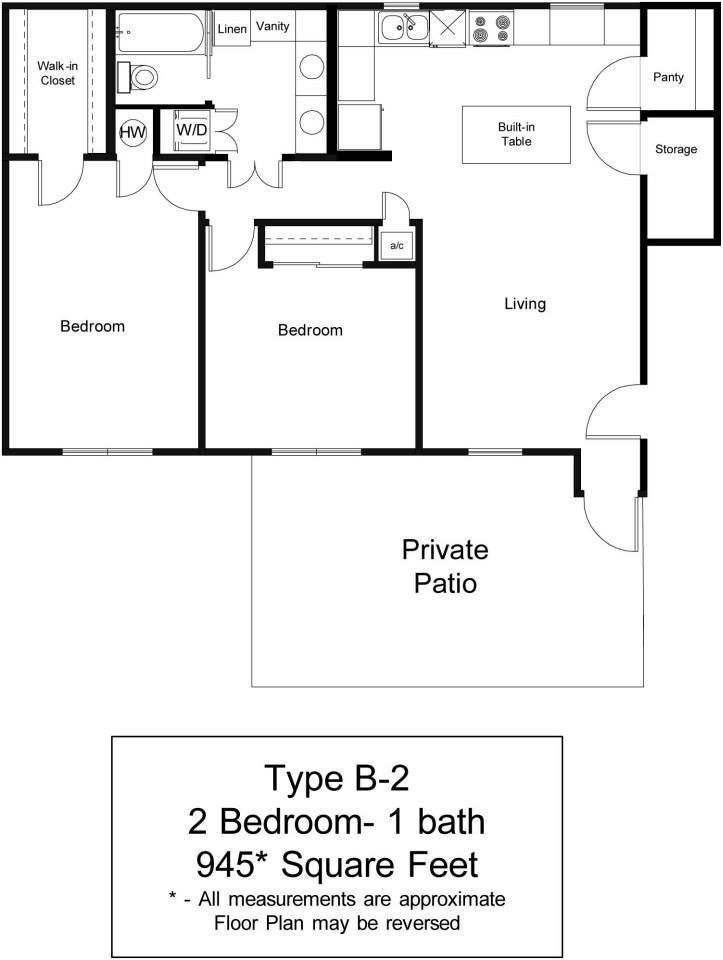 Floor Plan: B2 - two bedrooms, one bathroom, 945 square feet