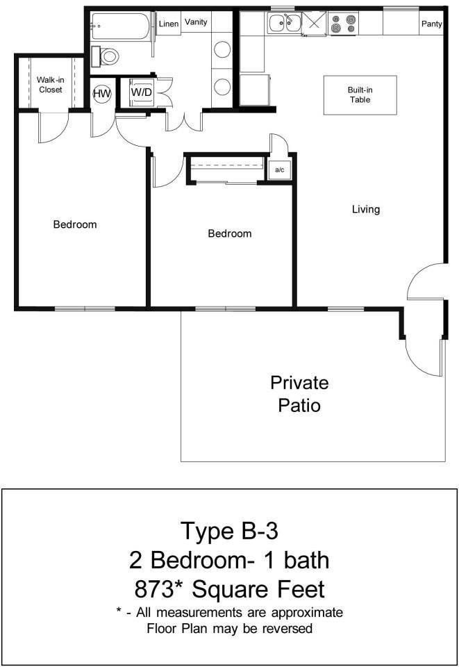 Floor Plan: B3 - two bedrooms, one bathroom, 873 square feet