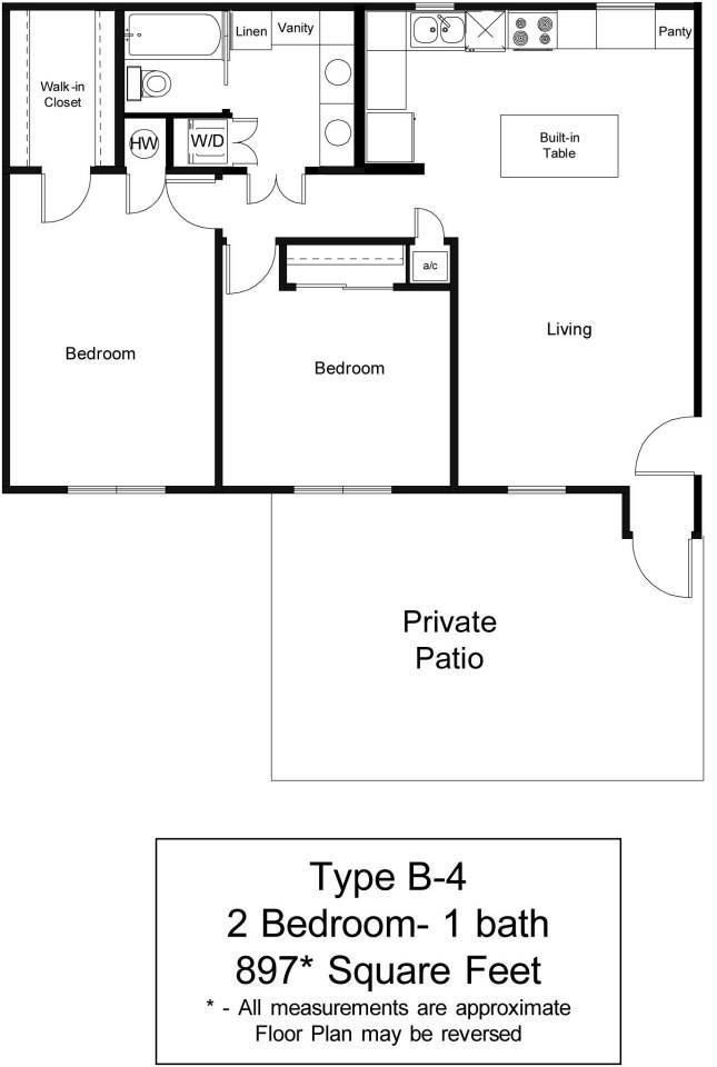 Floor Plan: B4 - two bedrooms, one bathroom, 897 square feet