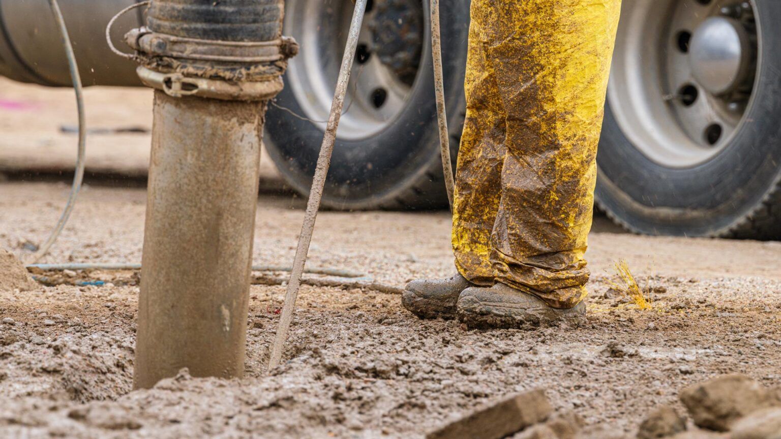 A man in yellow safety pants is pumping concrete into a hole.