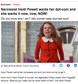 Narcissist Heidi Powell wants her dot0com and she wants it now, now, NOW!