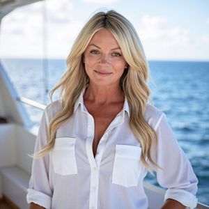 Blonde woman in a white shirt standing on a boat with the ocean behind her