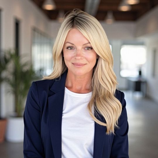 Smiling professional in navy blazer and white top in a bright office hallway