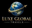 Logo for "Luxe Global Travels" featuring a blue Earth globe circled by a gold airplane trail on a black background.