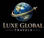 Logo for "Luxe Global Travels" featuring a blue Earth globe circled by a gold airplane trail on a black background.