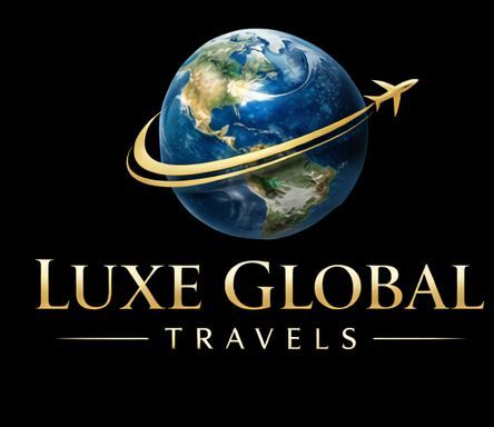 Logo for "Luxe Global Travels" featuring a blue Earth globe circled by a gold airplane trail on a black background.