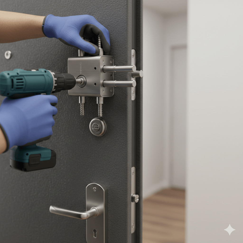 תקריב של ידיים עוטות כפפות עבודה כחולות המתקינות מנעול כספת מתקדם על דלת כניסה אפורה כהה באמצעות 