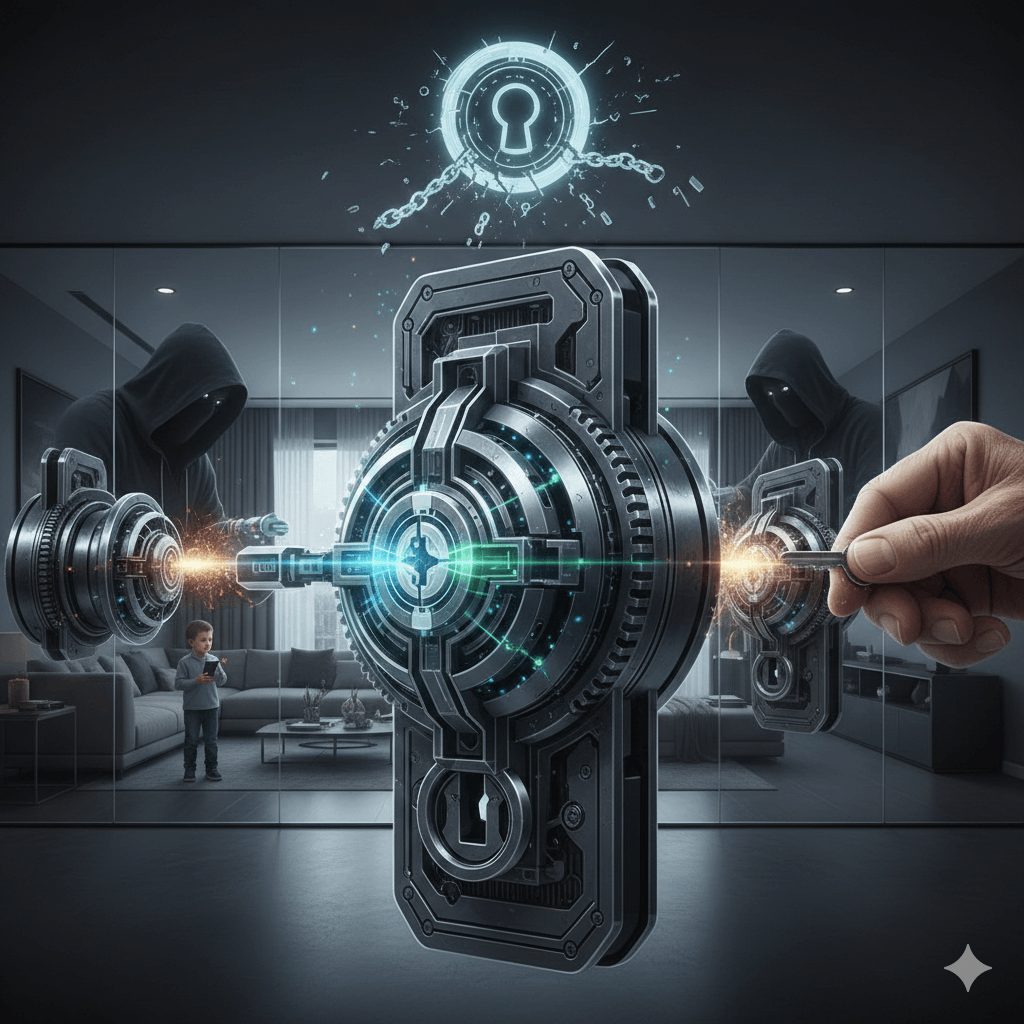 תמונת נושא של המאמר כמה עולה להחליף צילינדר המציגהאיור קונספטואלי עתידני המציג מנגנון נעילה דיגיטלי 