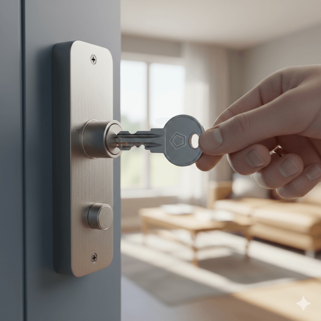 תמונה המציגה תקריב של יד אדם המחזיקה מפתח מתכת ומכניסה אותו אל הצילינדר המותקן על דלת פנימית בגוון כחול אפור. המנעול כולל פנל מלבני מכסף מוברש עם כפתור סיבובי קטן בחלקו התחתון וברגים גלויים בקצוות. ברקע המטושטש ניתן להבחין בחלל מגורים מואר ומזמין הכולל ספה בגוון חרדל ושולחן קפה מעץ הממוקמים מול חלון גדול המכניס אור יום טבעי לחדר.