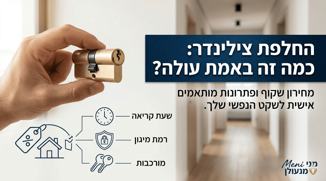 אדם מחזיק בידו השמאלית צילינדר מנעול מוזהב על רקע של מסדרון ביתי מטושטש ובהיר בימין התמונה מופיע מלבן כחול כהה ועליו כיתוב בלבן החלפת צילינדר מחיר מתחת למלבן מופיע כיתוב בשחור מחירון שקוף ופתרונות מותאמים אישית לשקט הנפשי שלך בחלק התחתון משמאל ישנו איור של בית עם תג מחיר וממנו יוצאים שלושה קווים לאיורים קטנים נוספים עם כיתוב שעון עם הטקסט שעת קריאה מגן עם מנעול עם הטקסט רמת מיגון ושני מפתחות עם הטקסט מורכבות בפינה הימנית התחתונה מופיע לוגו עם הכיתוב מני מנעולן