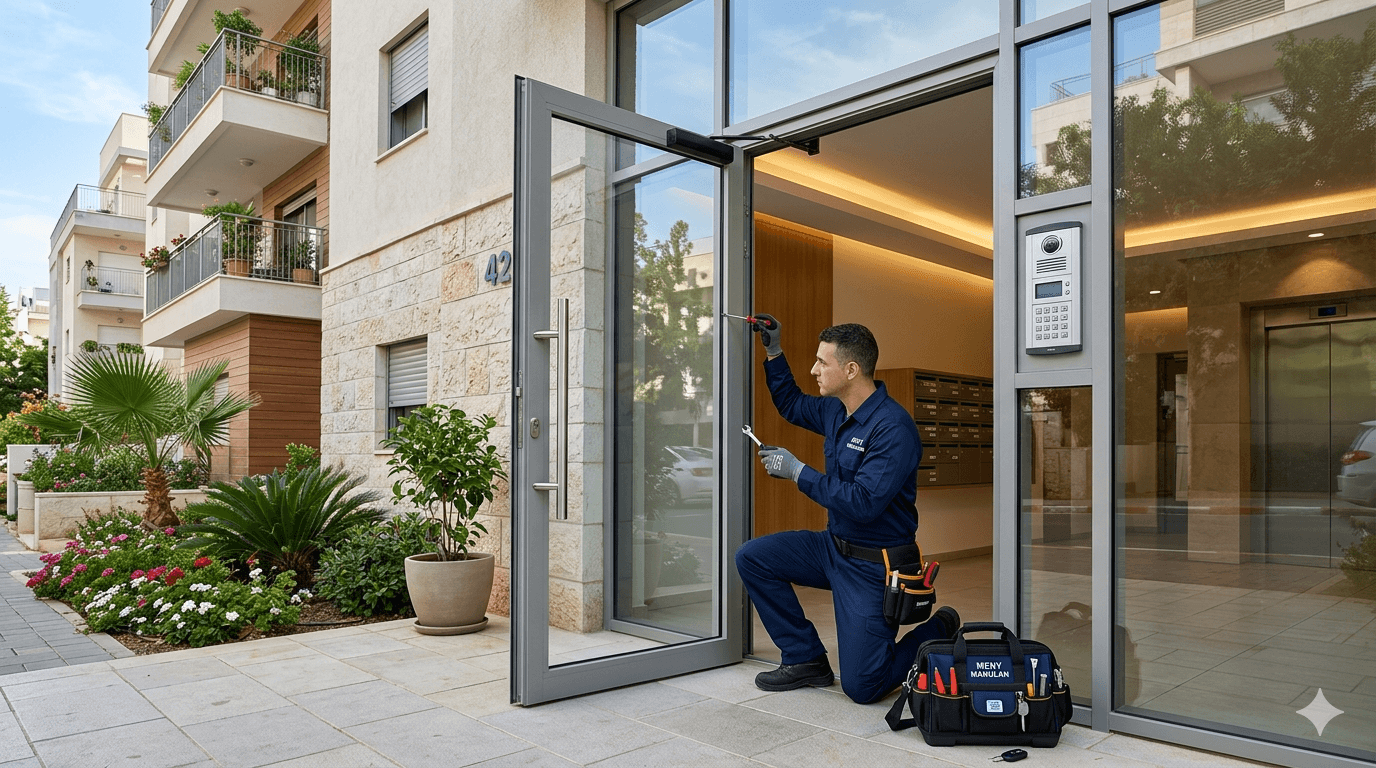 טכנאי מקצועי לבוש סרבל כחול כשהוא כורע על ברכיו ומבצע תיקון דלת כניסה לבניין עשויה זכוכית ומסגרת אלומיניום אפורה באמצעות כלי עבודה ידניים ולידו תיק כלים שחור על רקע לובי הבניין המודרני עם תיבות מכתבים ואינטרקום.