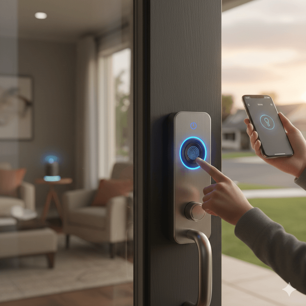 תמונת נושא של המאמר על התקנ מנעול חכם תמונה המציגה מבט מקרוב על אדם המשתמש במנעול חכם המותקן על דלת 