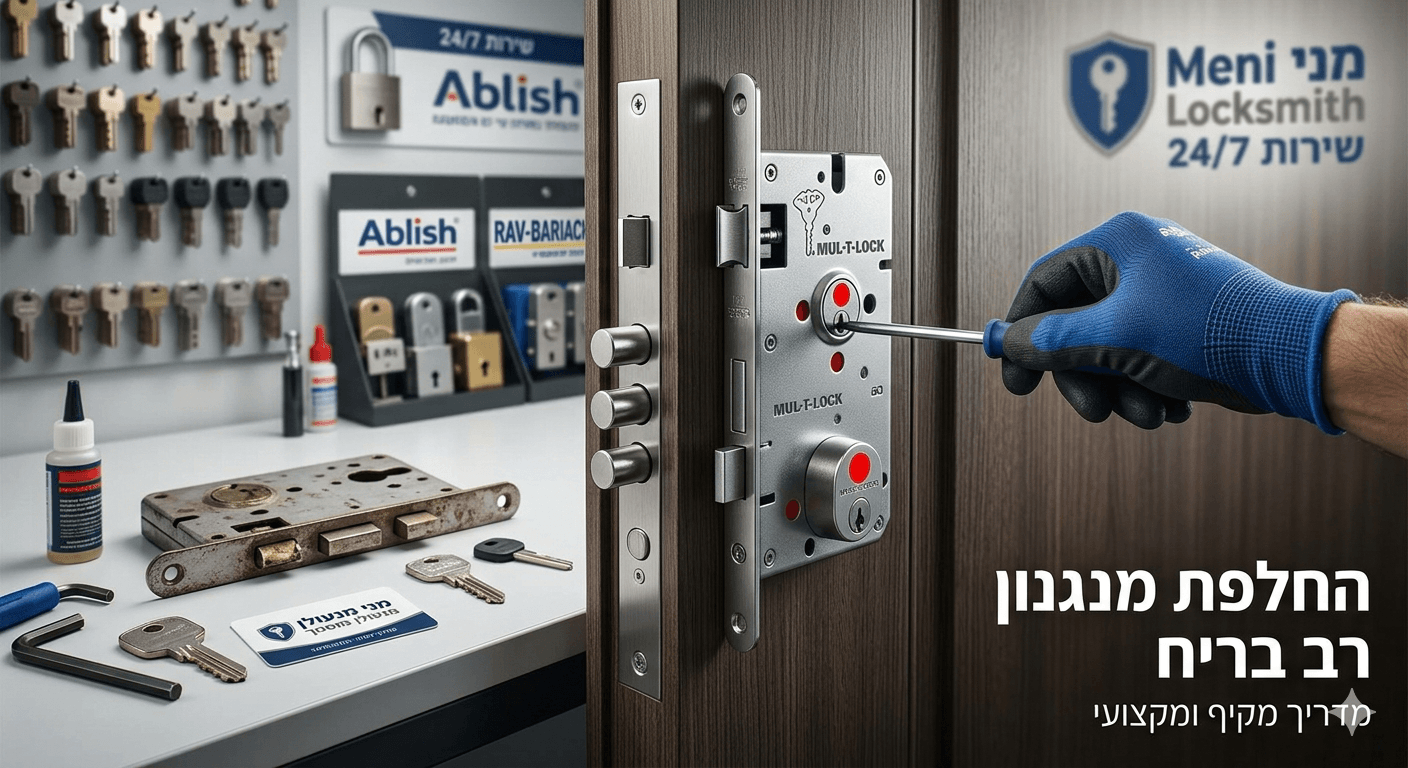 תקריב על יד עוטה כפפה כחולה המבריגה מנגנון רב-בריח של MUL-T-LOCK לדלת עץ, כאשר ברקע נראית סדנת מנעולן מאובזרת בלוח מפתחות תלויים, שלטי מותגים כמו , ציוד עבודה מקצועי וכיתוב בולט המציע שירותי מנעולנות 24/7 תחת השם מני מנעולן