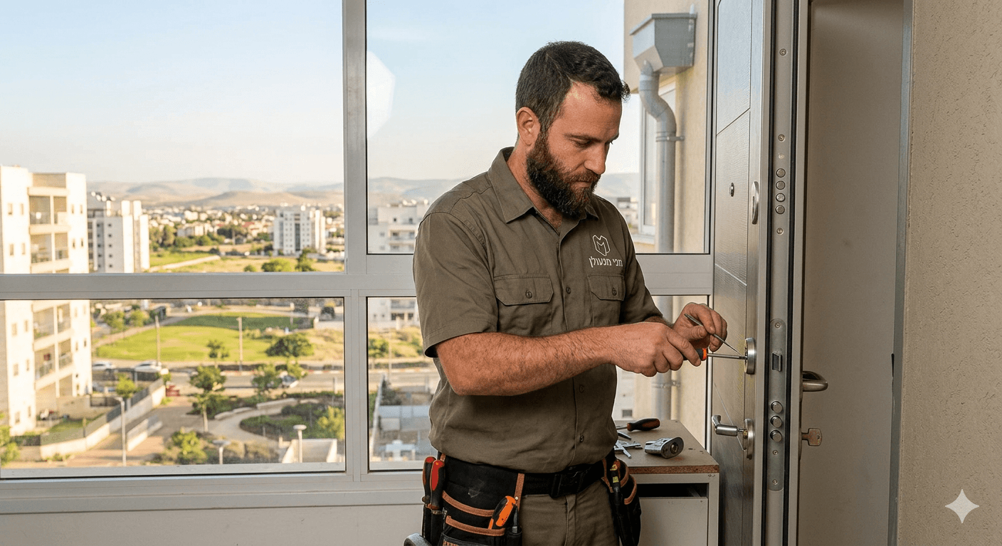 בתמונה נראה מנעולן בדרום בפעולה, עם נוף אורבני ישראלי המשתקף מהחלון ומעניק הקשר גיאוגרפי 