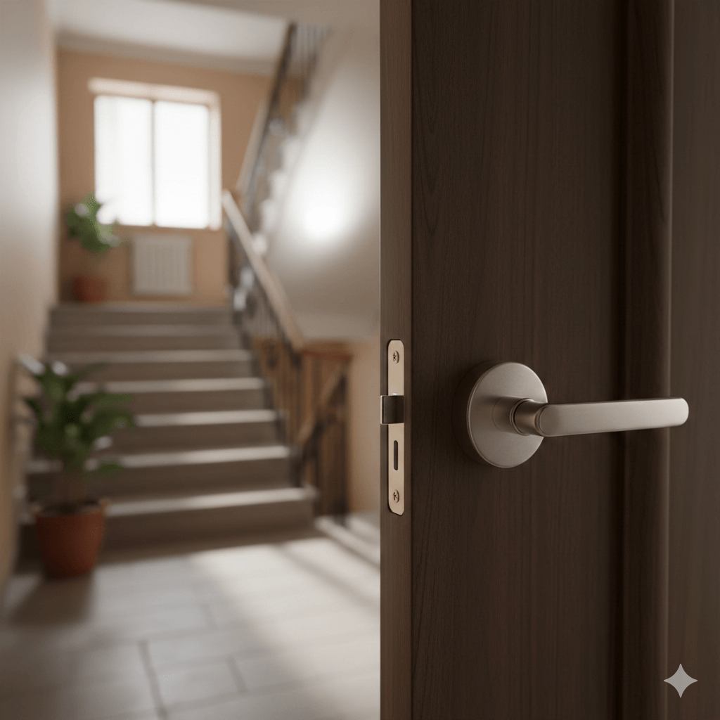 תמונת נושא של המאמר על התקנת מחזיר דלת המציגה תמונה תקריב של דלת עץ כהה פתוחה למחצה עם ידית מתכת 