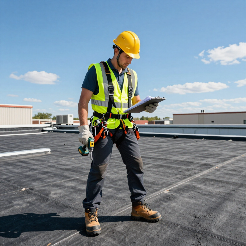 Worker in hard hat and safety vest inspecting a rooftop with a clipboard.