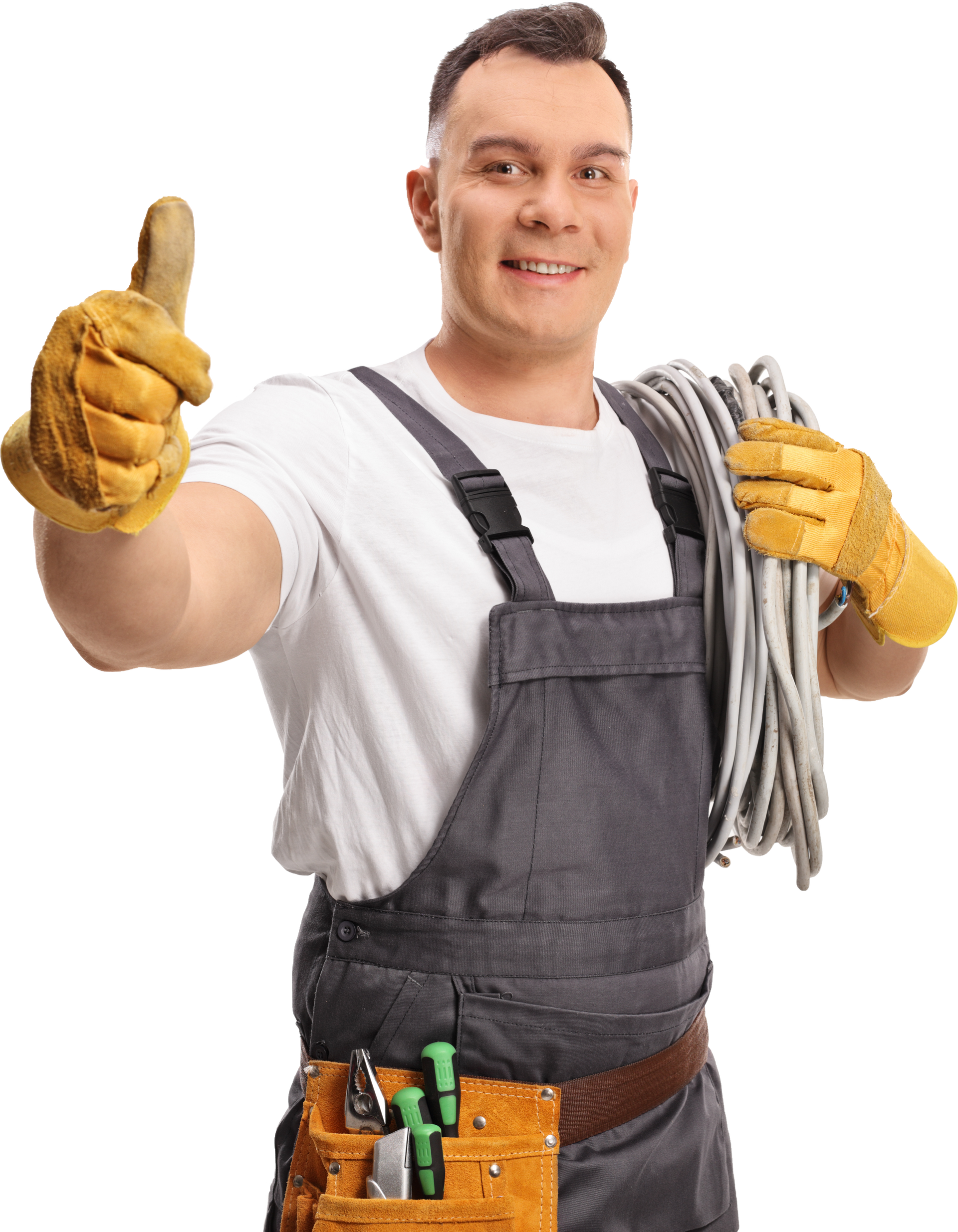 Electrician carrying cables on his shoulder