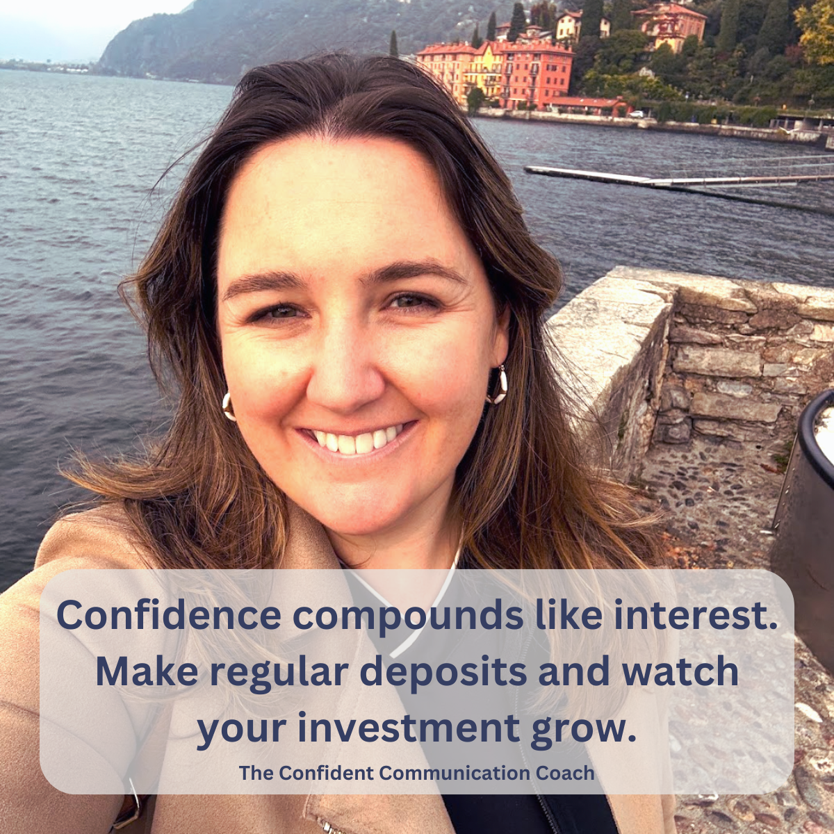 Woman smiling, text: