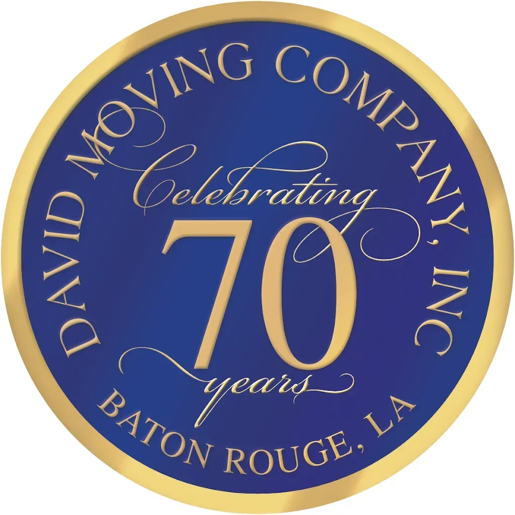David Moving Company logo celebrating 70 years, blue and gold circular design.