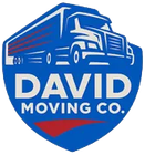 Logo for David Moving Co. Blue shield with a semi-truck graphic and white text. Red accent at bottom.