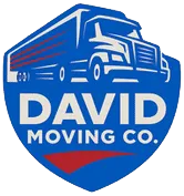 Logo for David Moving Co. Blue shield with a semi-truck graphic and white text. Red accent at bottom.