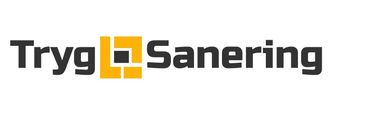 Logoet for Tryg Sanering er gult og sort på en hvid baggrund.