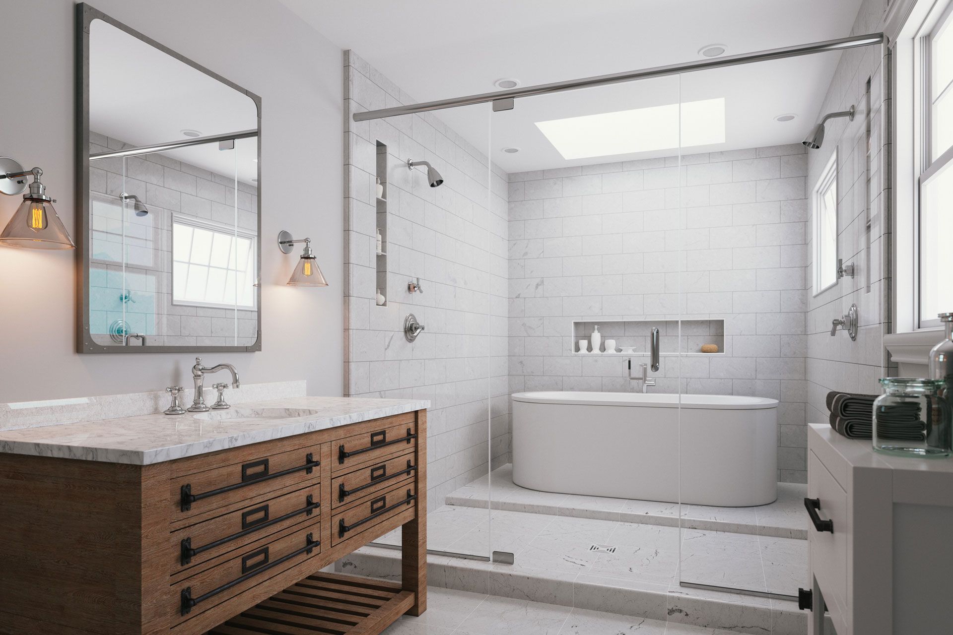 A bathroom with a bathtub, sink, mirror and shower.