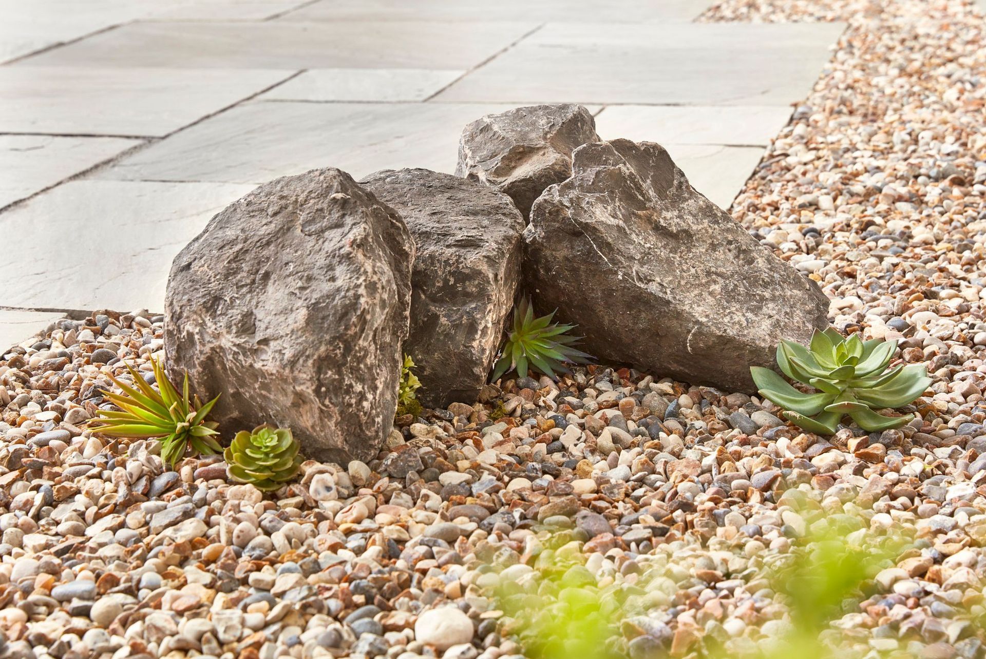 Rocks arranged in gravel bed with small succulents, adjacent to stone pavers.