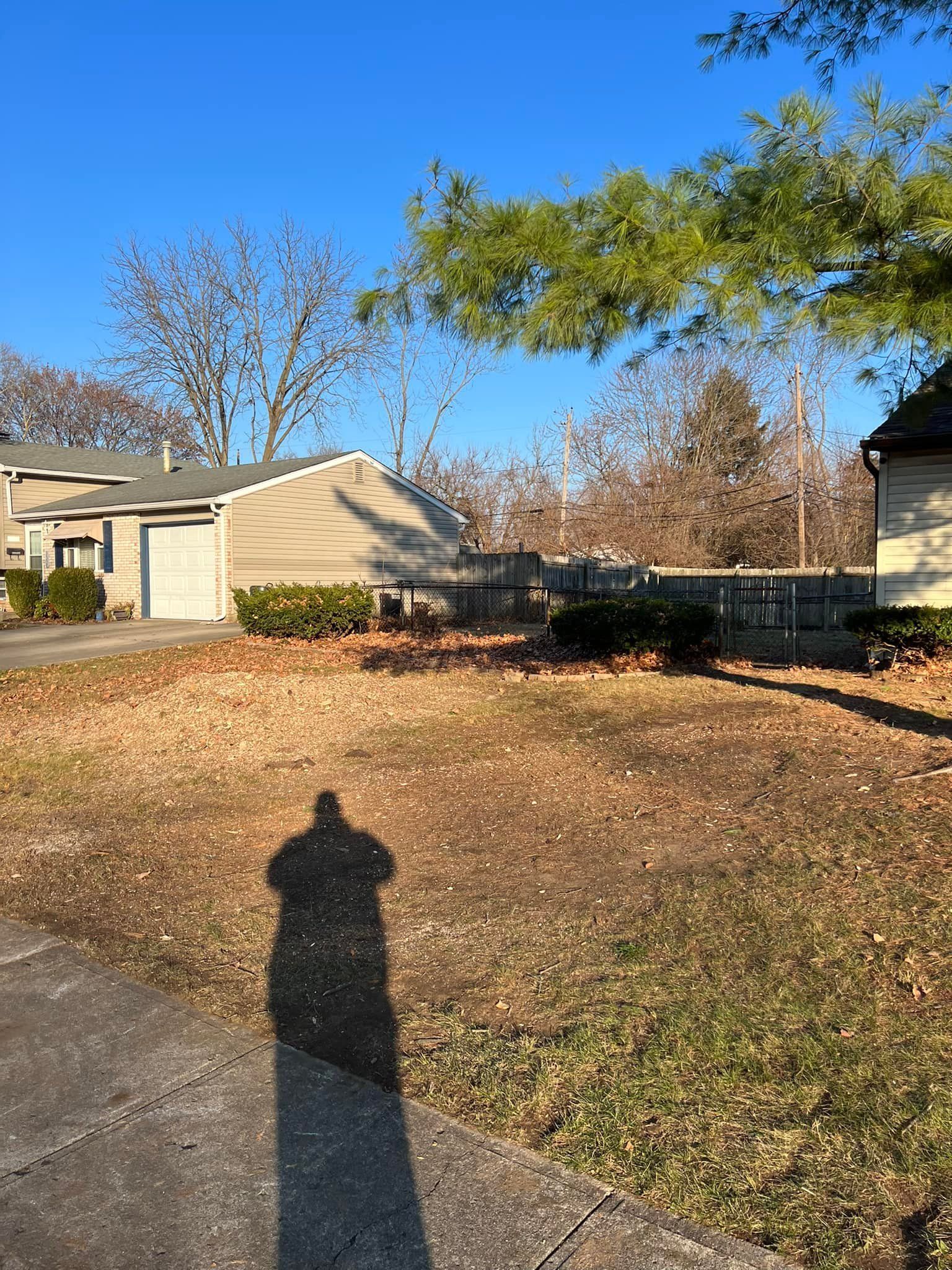 A shadow of a person is cast on the sidewalk in front of a house.