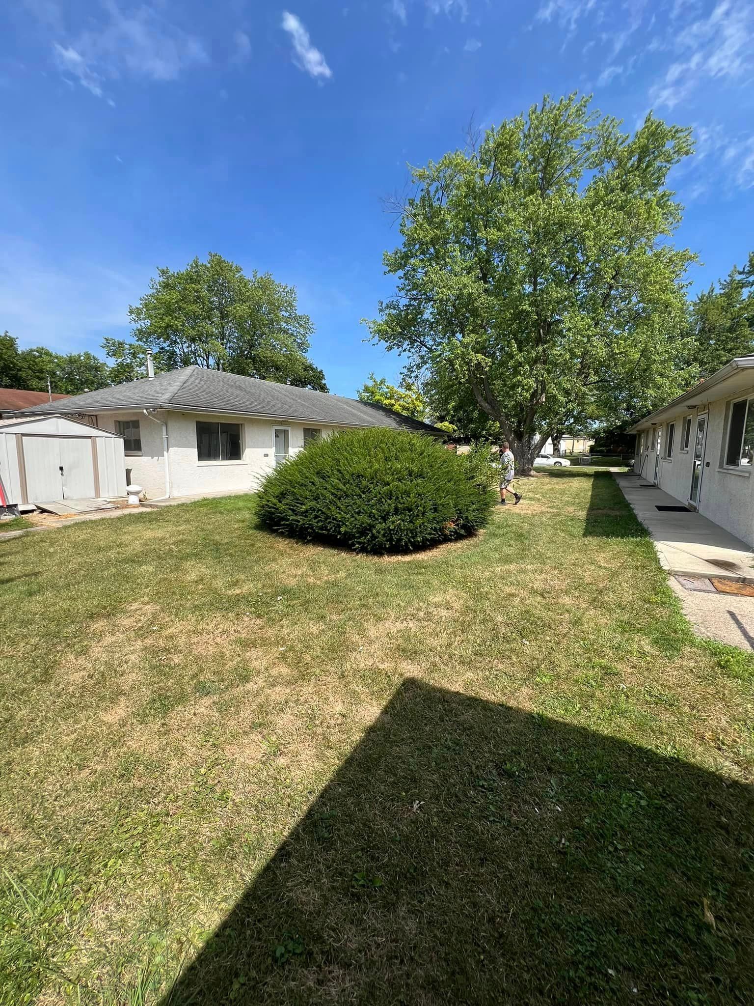 A house with a lot of grass and trees in front of it.