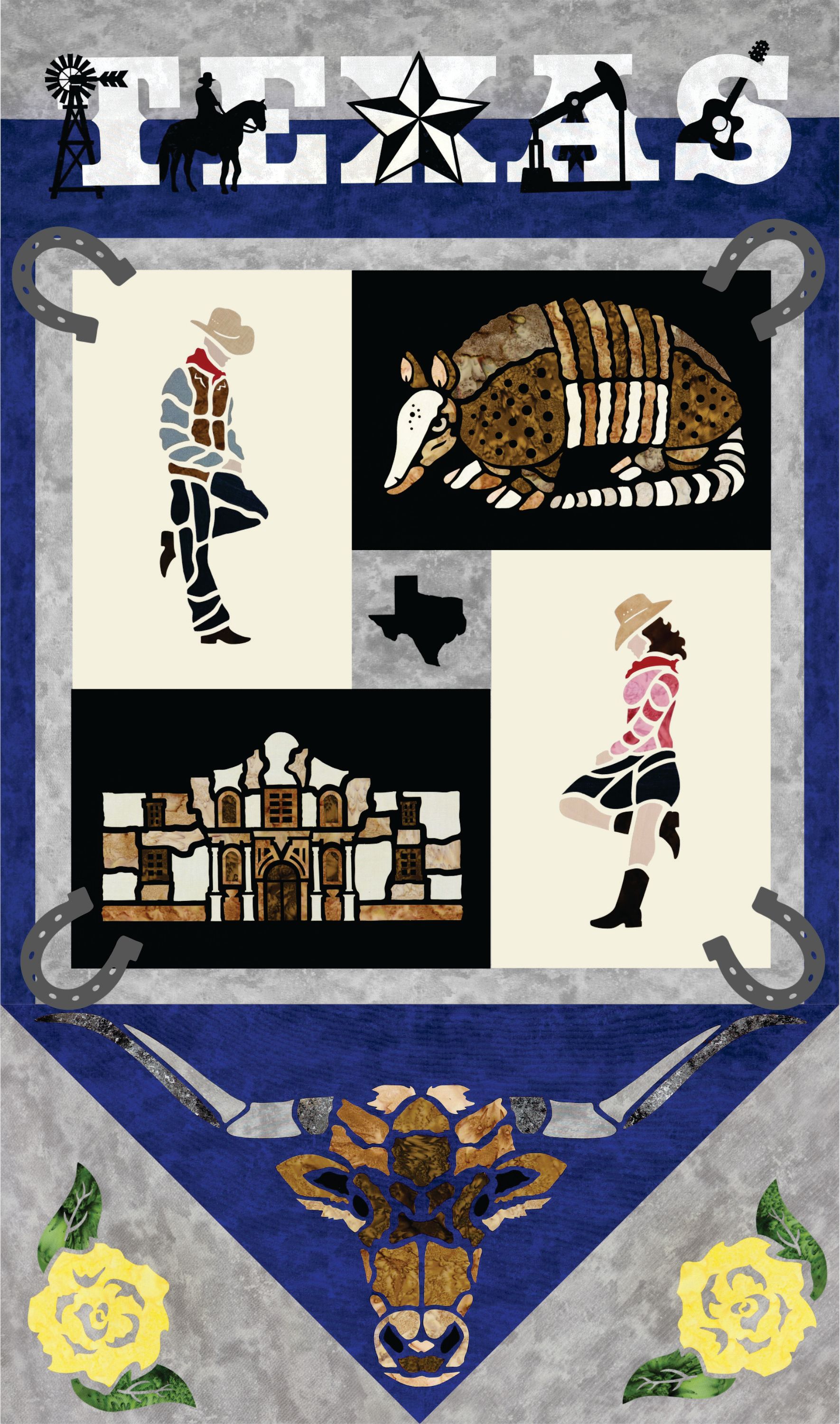 A texas quilt with a cowboy and an armadillo on it