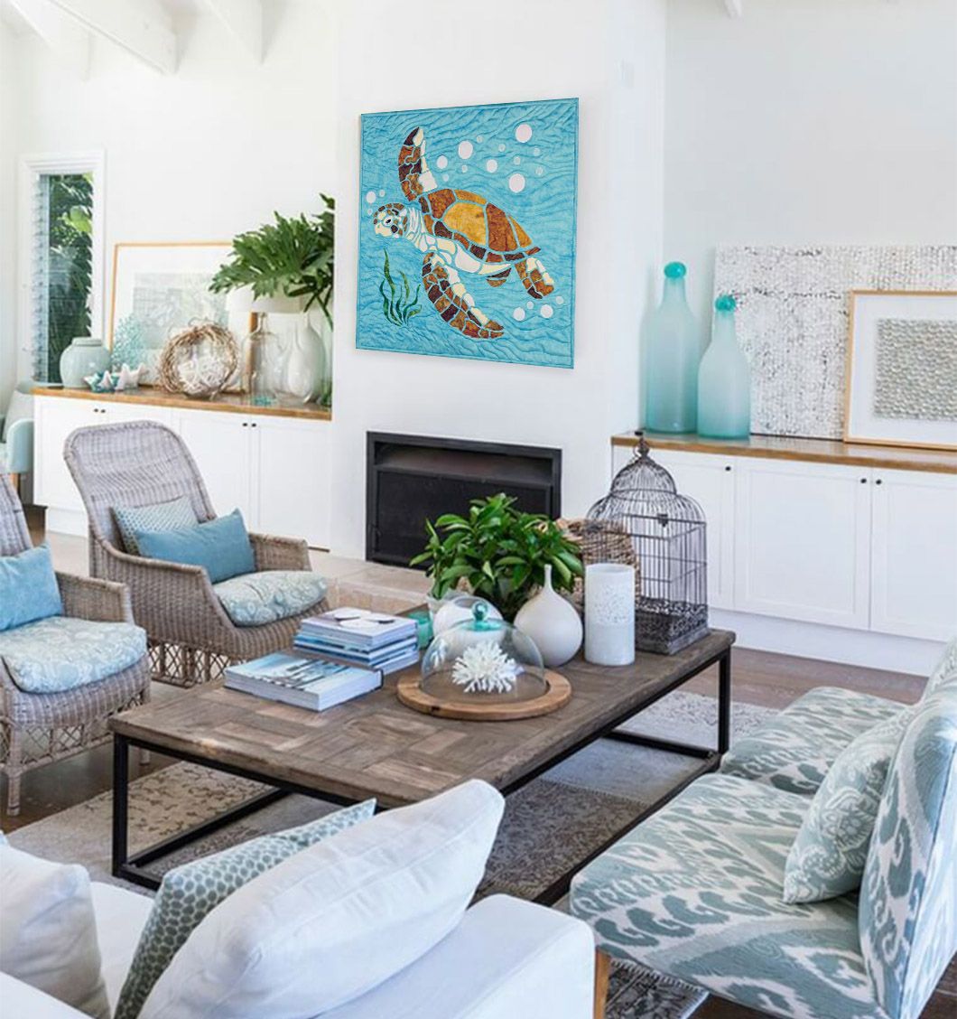 A living room filled with furniture and a painting of a turtle on the wall.