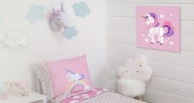 A bedroom with a bed , nightstand , and a painting of a unicorn on the wall.