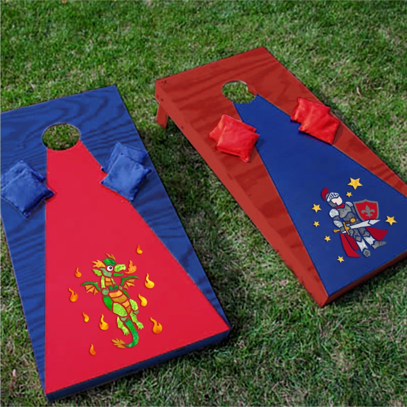 A red and blue cornhole board with a dragon and knight on it