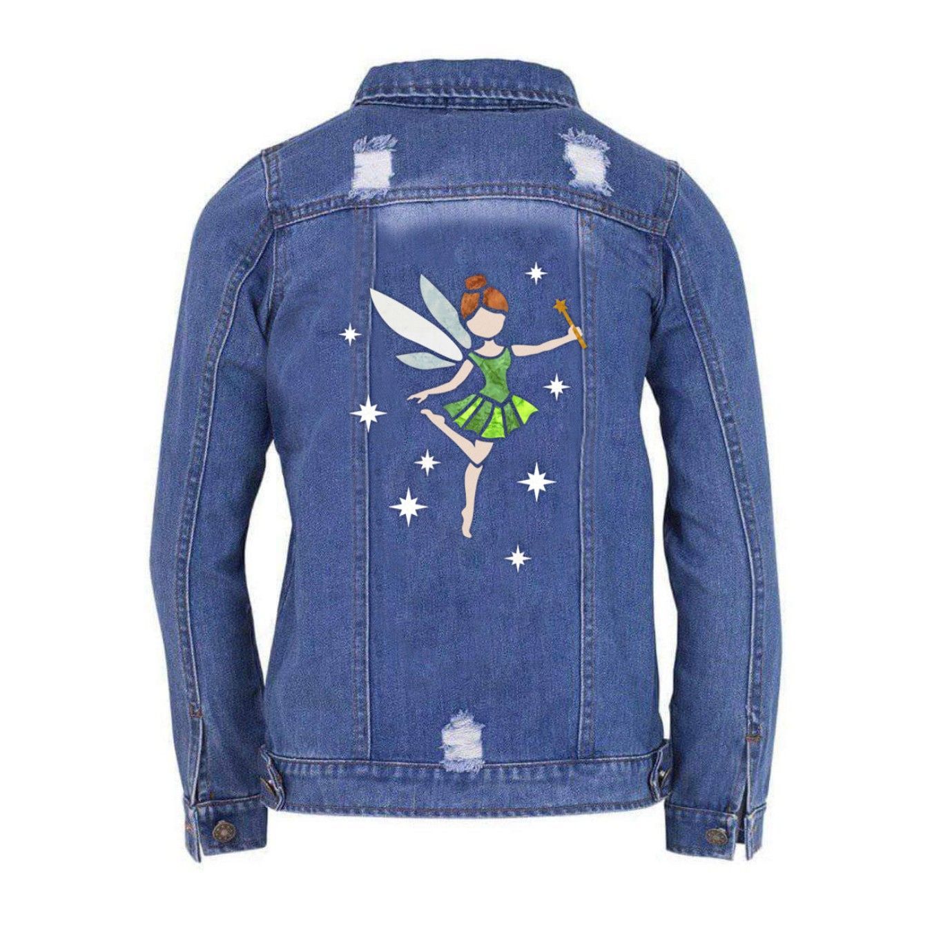 A denim jacket with a fairy on the back