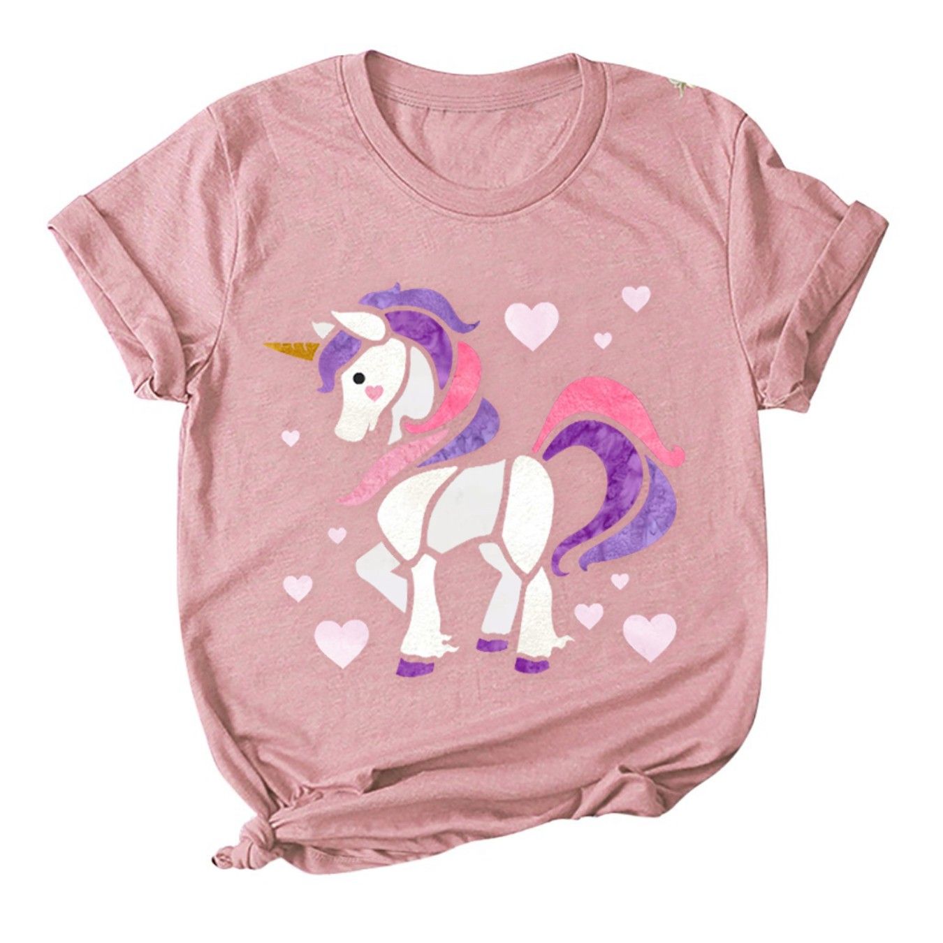 A pink t-shirt with a unicorn and hearts on it