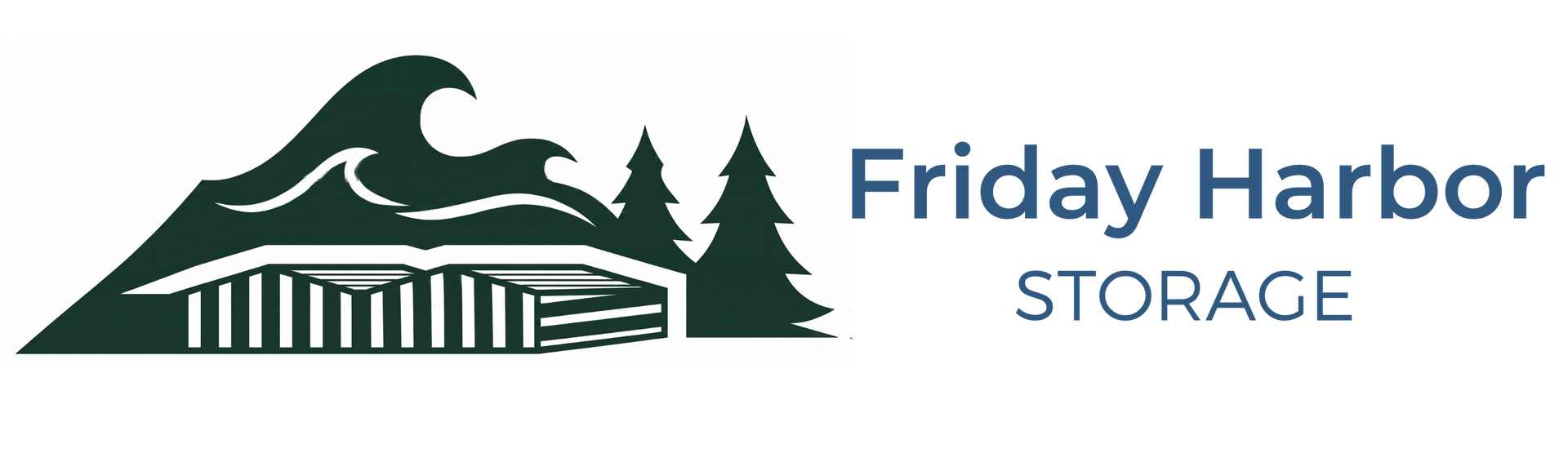 Friday Harbor Storage logo with green mountain, evergreen trees, and dock icon