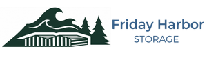 Friday Harbor Storage logo with green mountain, evergreen trees, and dock icon