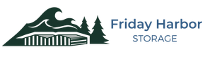 Friday Harbor Storage logo with green mountain, evergreen trees, and dock icon