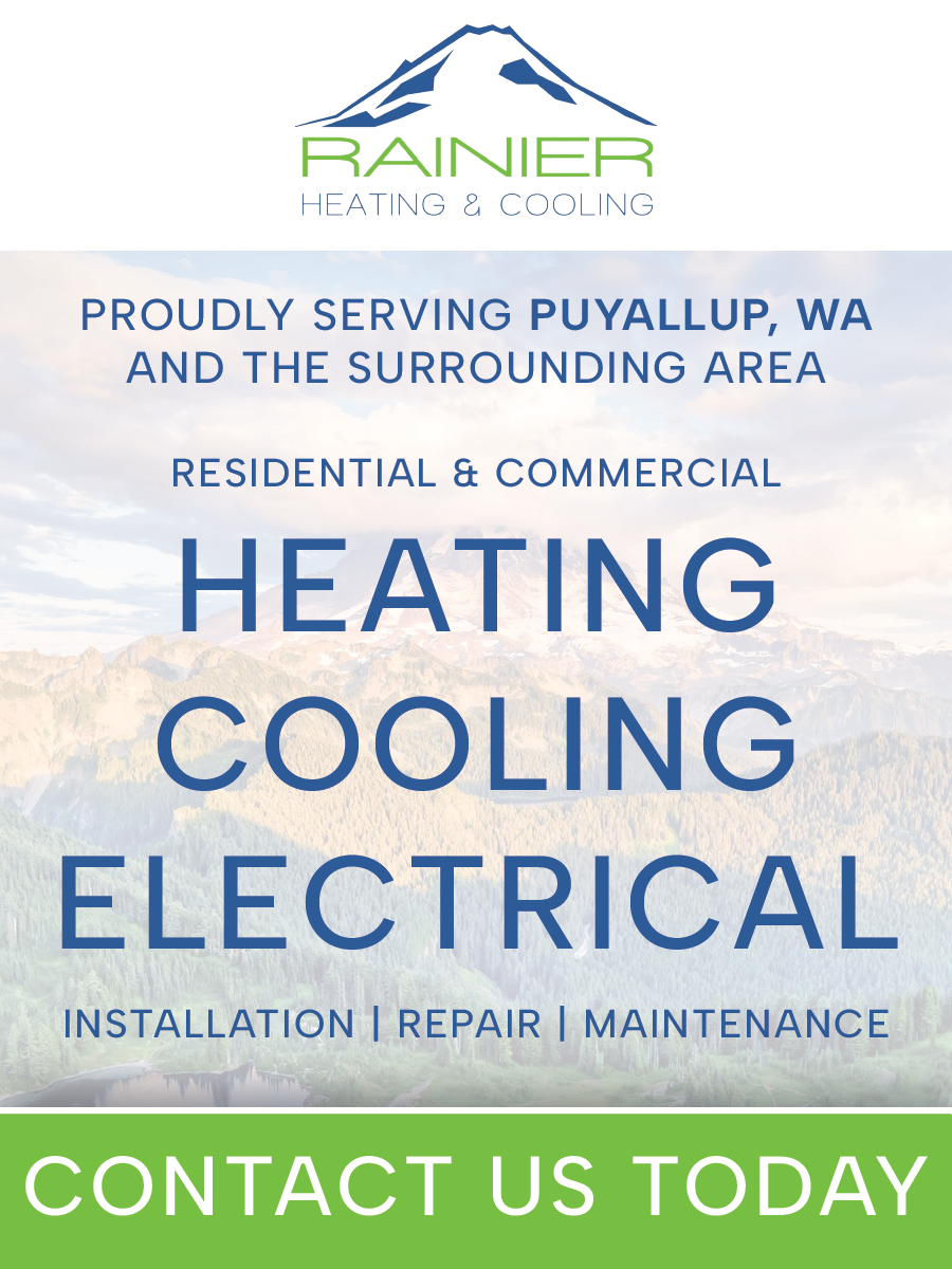 Advertisement for Rainier Heating & Cooling. Blue and green design with text: services in Puyallup, WA